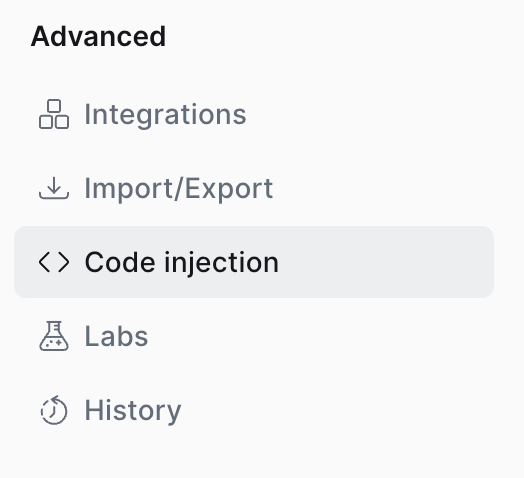 Ghost Admin menu highlighting Code Injection