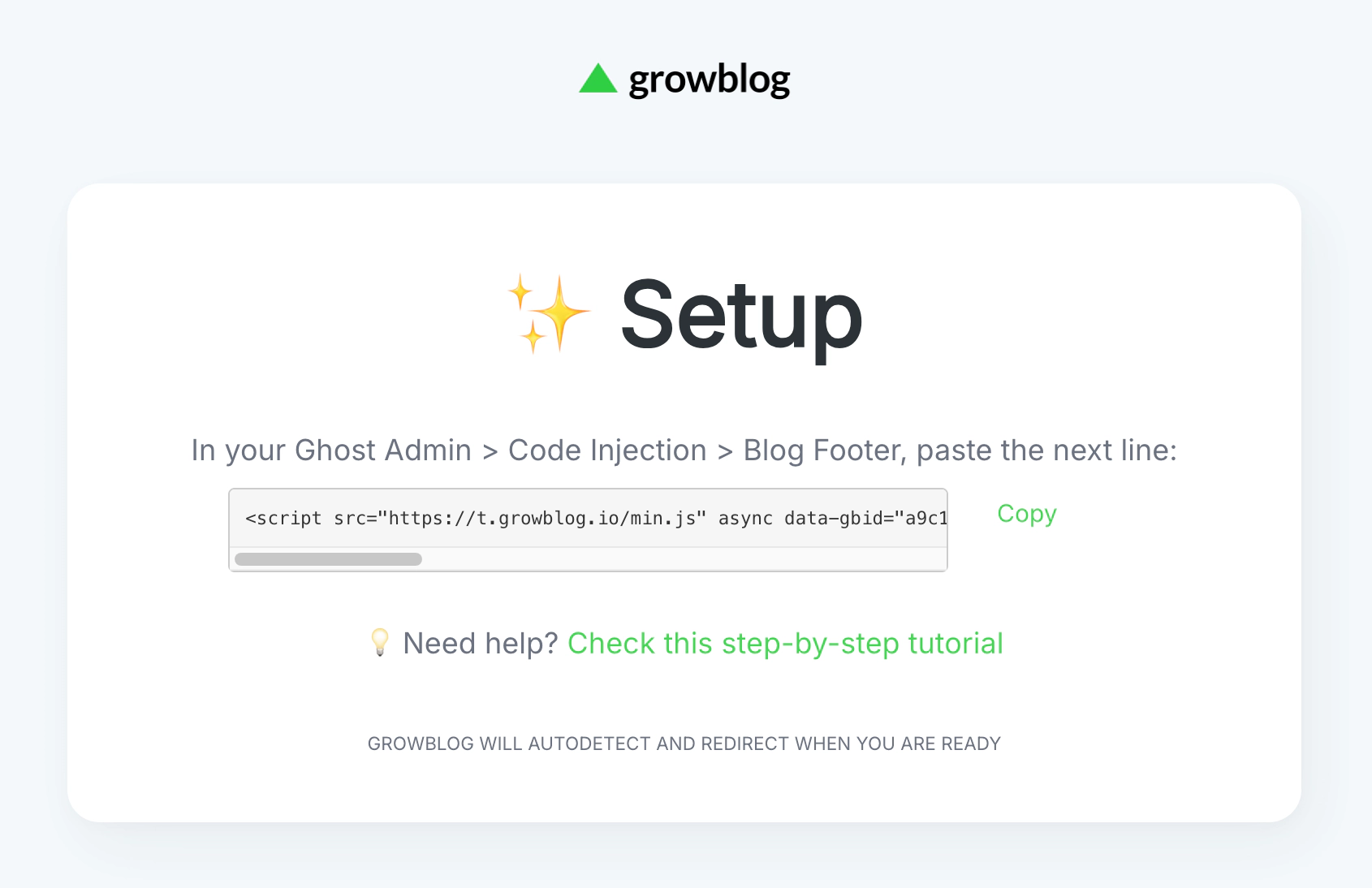 Growblog Setup screen showing the tracking code snippet